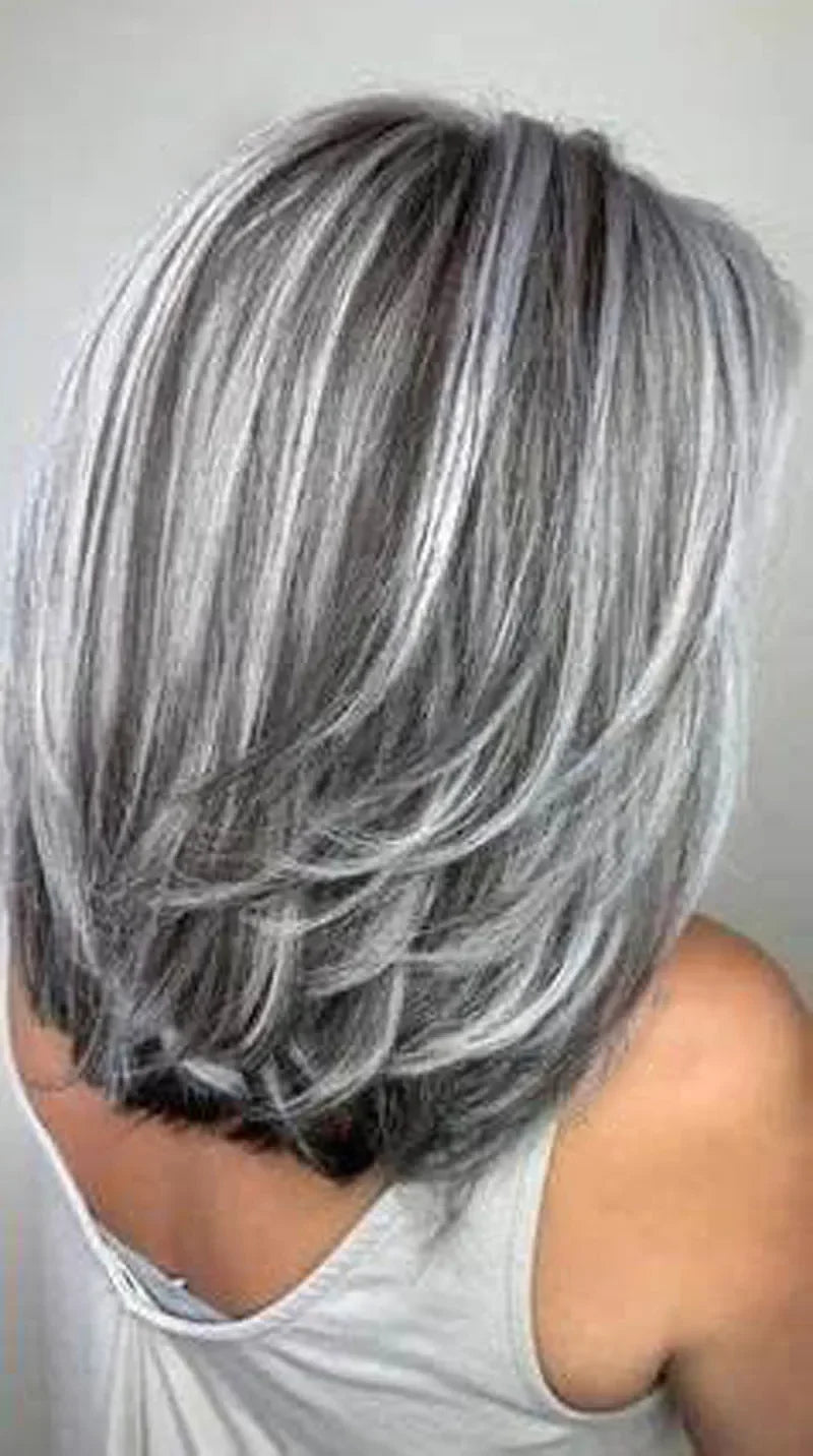 Synthetic Wigs for Women Long Hair Old Lady Wig Layered Hair with Curtain Bangs Mix Grey Color Natural Wigs for Daily