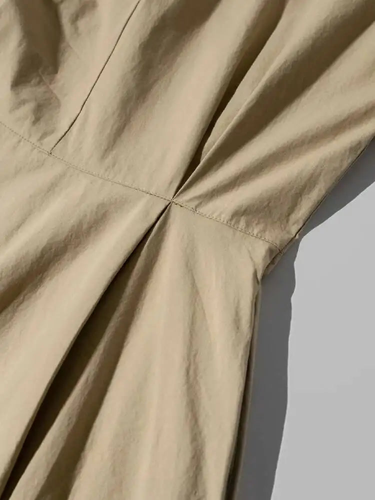 Women Kahki Elegant Big Size Long Dress New V-Neck Long Lantern Sleeve Loose Fit Fashion Tide Spring Autumn 2025  1DH0488