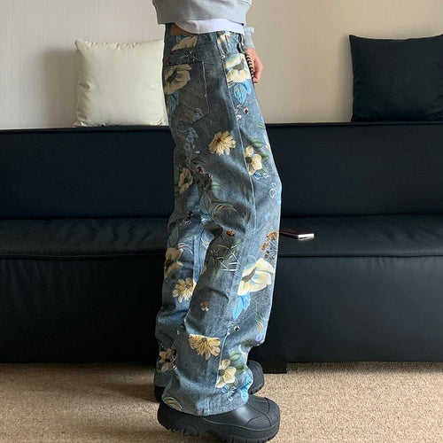 Load image into Gallery viewer, American Design Men&#39;s Jeans Full Print Floral Loose Wide Leg Straight Denim Pants Floor Mop Contrast Color Trousers
