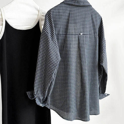 Load image into Gallery viewer, Women Black Plaid Pocket Vintage Big Size Casual Blouse New Lapel Long Sleeve Shirt Fashion Spring Autumn 2025 1DJ1048
