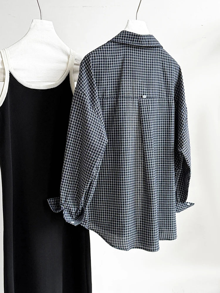 Women Black Plaid Pocket Vintage Big Size Casual Blouse New Lapel Long Sleeve Shirt Fashion Spring Autumn 2025 1DJ1048