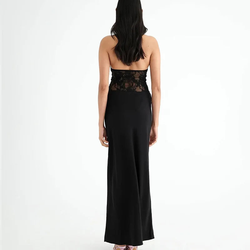 Sheer Lace Hollow Out Sexy Maxi Dress For Women Gown Halter Deep V Neck Sleeveless Backless Bodycon Long Dress