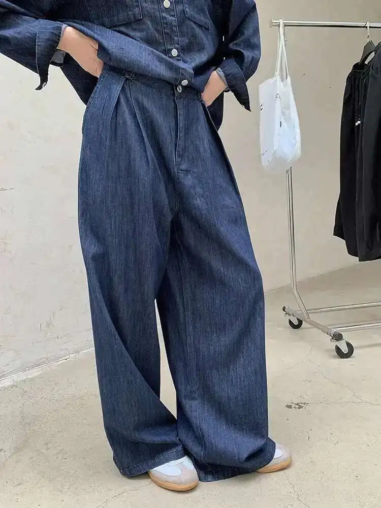 High Waist Wide Blue Denim Pleated Long Casual Leg Jeans New Women Trousers Fashion Tide Spring Autumn 2025 1DH8349