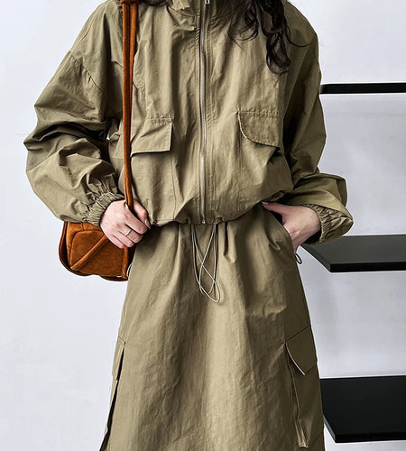 Jacket Drawstring Big Size Half-body Skirt Two Pieces Suit New Stand Collar Women Fashion Spring Autumn 2025 1DH0976