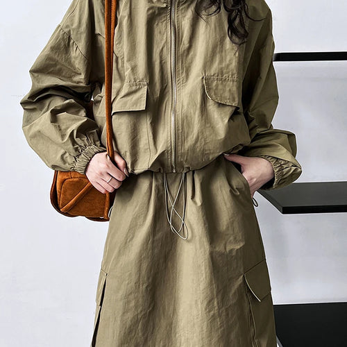 Load image into Gallery viewer, Jacket Drawstring Big Size Half-body Skirt Two Pieces Suit New Stand Collar Women Fashion Spring Autumn 2025 1DH0976
