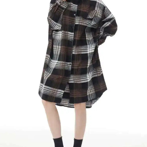 Load image into Gallery viewer, Women Plaid Big Size Knee-Length Shirt Dress New Lapel Long Sleeve A-line Loose Fit Fashion Spring Autumn 2025 1DH2091
