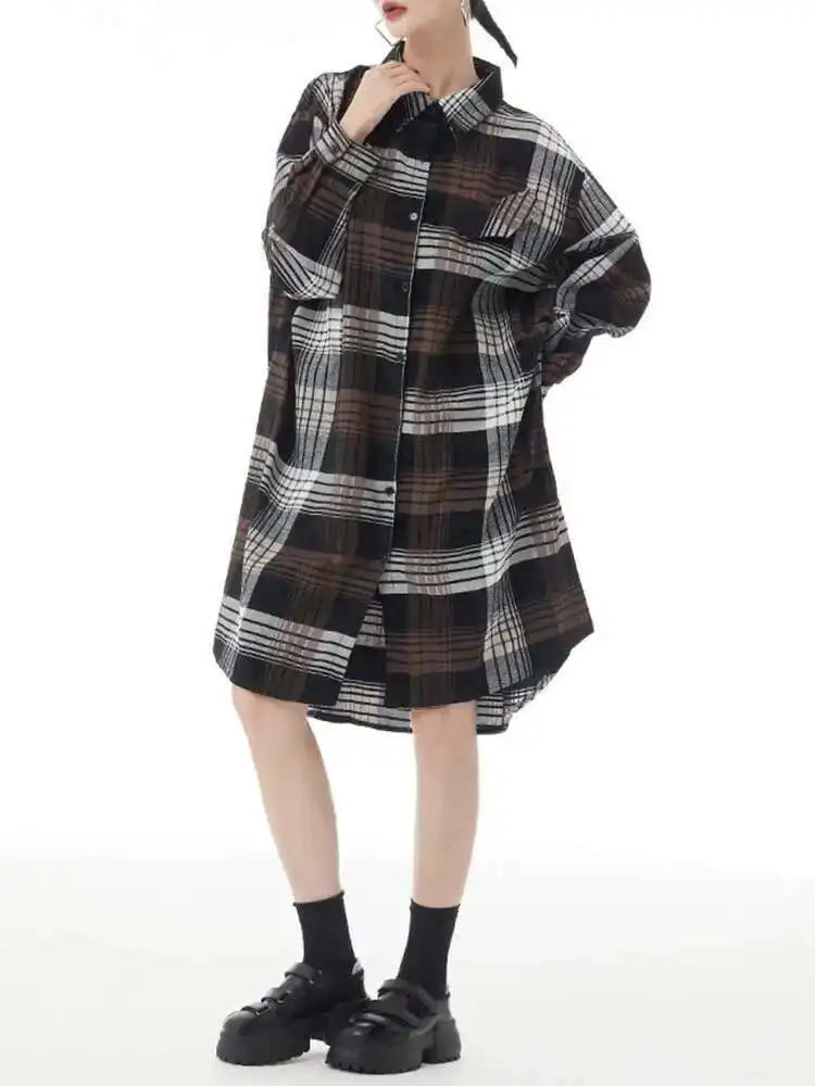 Women Plaid Big Size Knee-Length Shirt Dress New Lapel Long Sleeve A-line Loose Fit Fashion Spring Autumn 2025 1DH2091