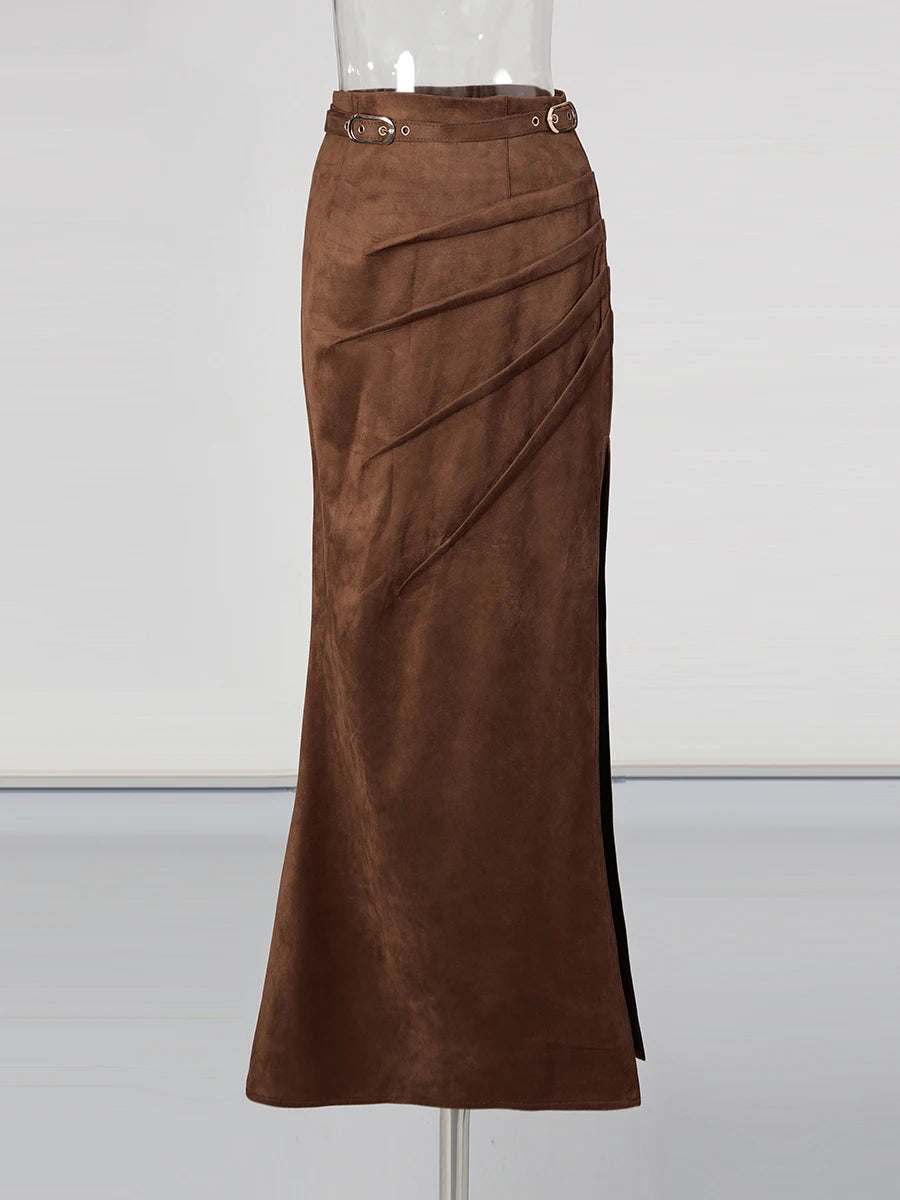 Solid Slimming Spliced Folds Fashion Skirts for Women High Waist Split Patchwork Belt Temperament Skirt Female New