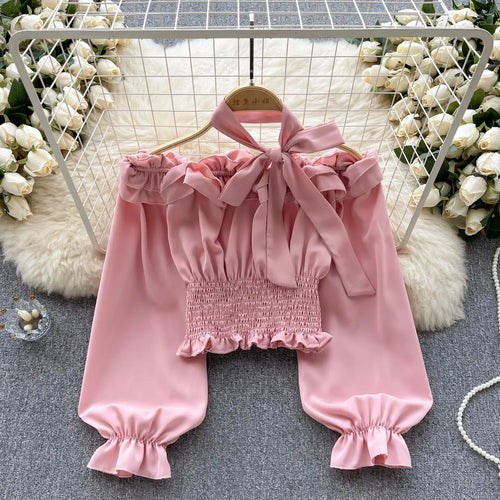 Load image into Gallery viewer, Women Sweet Sexy Club Bow Halter Blouse Off Shoulder Long Sleeve Solid Pleated Shirt Long Sleeve Short Ruffle Tops Spring Autumn
