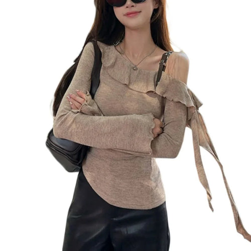 Load image into Gallery viewer, y2k Top Women Fairycore Grunge Clothes Ruffle Slash Neck One Shoulder Long Sleeve T Shirt 2000s Clothing Streetwear
