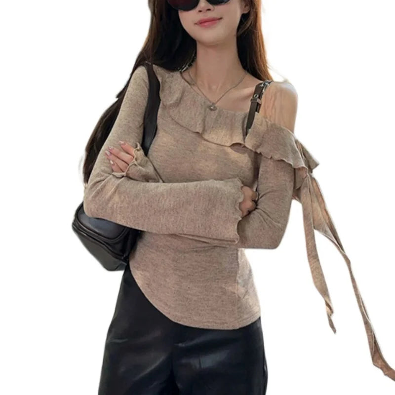 y2k Top Women Fairycore Grunge Clothes Ruffle Slash Neck One Shoulder Long Sleeve T Shirt 2000s Clothing Streetwear