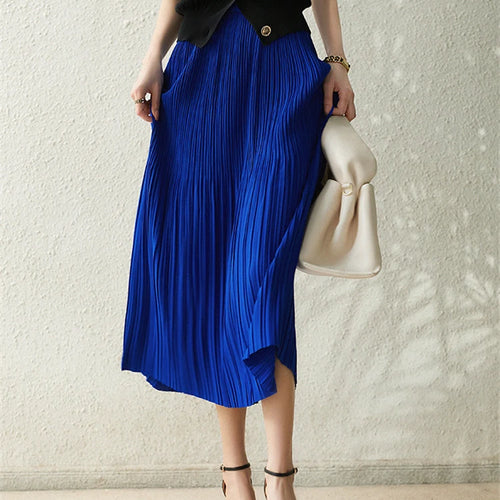 Load image into Gallery viewer, Frenchy Solid High Waist Pleated Skirt Women Elastic Waist Fashionable All-match A-Line Midi Skirt Female C-082
