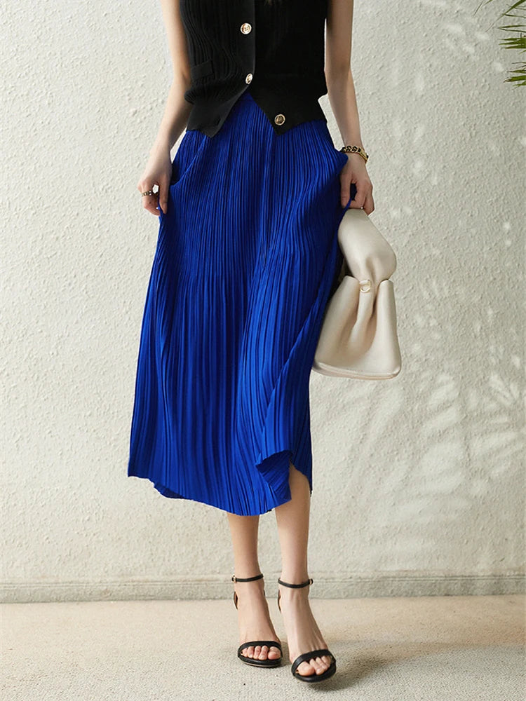 Frenchy Solid High Waist Pleated Skirt Women Elastic Waist Fashionable All-match A-Line Midi Skirt Female C-082