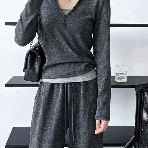 Load image into Gallery viewer, Gray Soft Casual T-shirt Wide Leg Pants Three  Piece Suit New Hooded Long Sleeve Women Fashion Spring Autumn 2025 1DH6649
