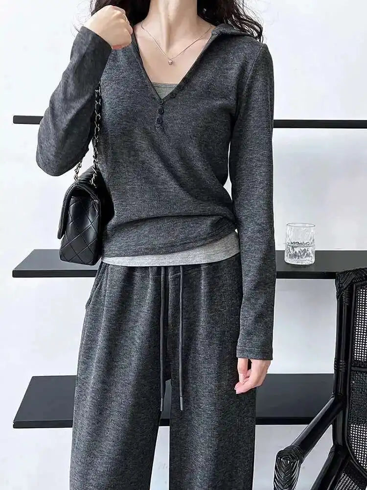 Gray Soft Casual T-shirt Wide Leg Pants Three  Piece Suit New Hooded Long Sleeve Women Fashion Spring Autumn 2025 1DH6649