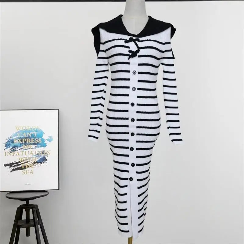 Autumn Winter Vintage Black White Striped Elegant Long Sleeve Dress Women French Single Breasted Office Bow Split Knitted Dress