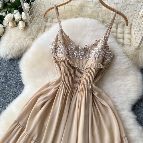 Load image into Gallery viewer, Summer New Women's Fashion Khaki Sequin Sleeveless Ruffles Prom Slip Dress Sexy Elegant Backless Pleated Party Evening Dresses
