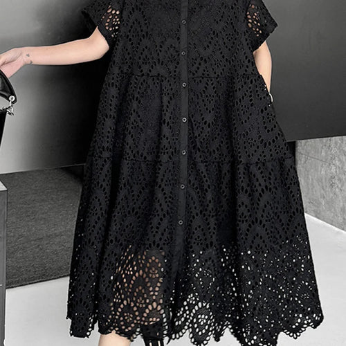 Load image into Gallery viewer, Women Black Lace Hollow Out Big Size Midi Shirt Dress New Lapel Short Sleeve Fashion Tide Spring Summer 2025 1DJ1166
