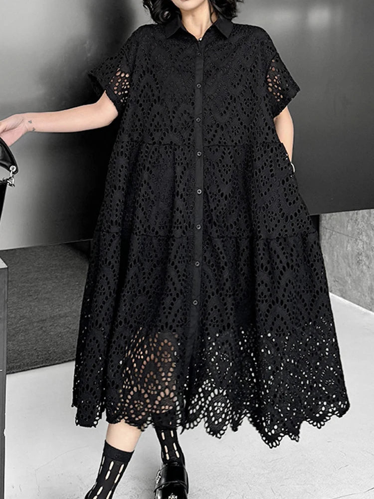 Women Black Lace Hollow Out Big Size Midi Shirt Dress New Lapel Short Sleeve Fashion Tide Spring Summer 2025 1DJ1166