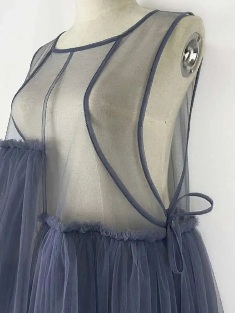 Women Green Mesh Irregular Elegant Dress New Round Neck Sleeveless Loose Fit Fashion Tide Spring Summer 2025 1DF9867