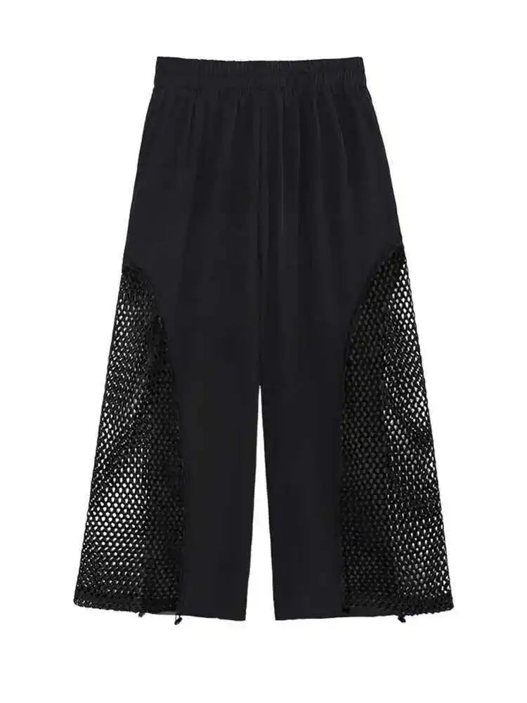 High Elastic Waist Blue Mesh Hollow Out Wide Leg Trousers New Loose Fit Pants Women Fashion Spring Autumn 2025 1DE8664