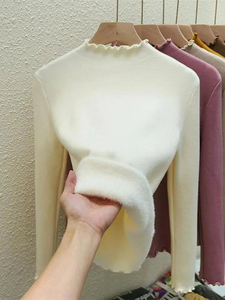 Autumn Winter Korean Solid Half Height Collar Velvet Knit Sweater Women Fashion Warm Long Sleeve Festival Pullovers Tops Casual