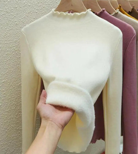 Autumn Winter Korean Solid Half Height Collar Velvet Knit Sweater Women Fashion Warm Long Sleeve Festival Pullovers Tops Casual