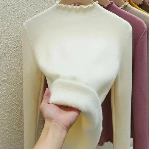 Load image into Gallery viewer, Autumn Winter Korean Solid Half Height Collar Velvet Knit Sweater Women Fashion Warm Long Sleeve Festival Pullovers Tops Casual
