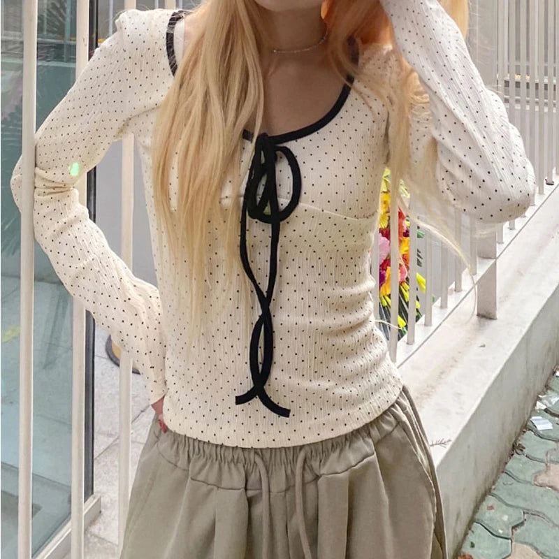 Cute Polka Dot Printed Autumn T-shirt Women Contrast Color Lace-Up Long Sleeve Top Tee Shirt Korean Style Stitching