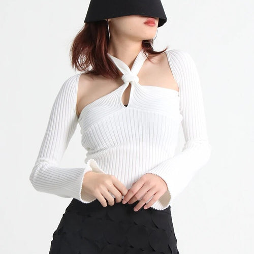 Load image into Gallery viewer, Cut Out Knitting Sweater For Women Halter Collar Long Sleeve Solid Minimalsit Skinny Pullover Female Clothing

