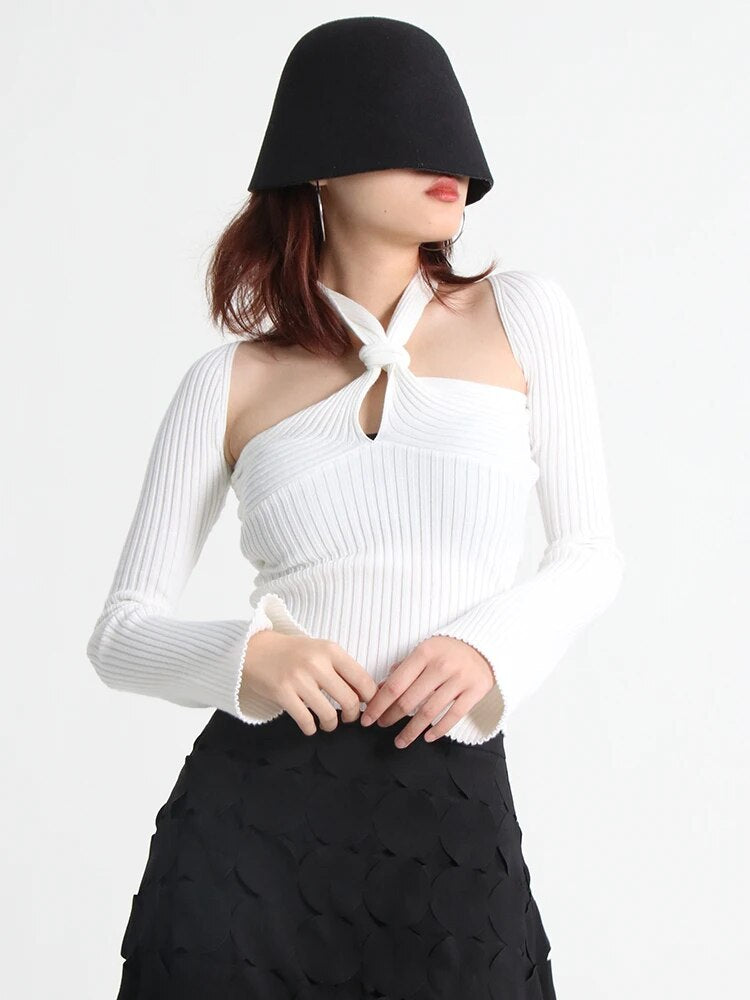 Cut Out Knitting Sweater For Women Halter Collar Long Sleeve Solid Minimalsit Skinny Pullover Female Clothing