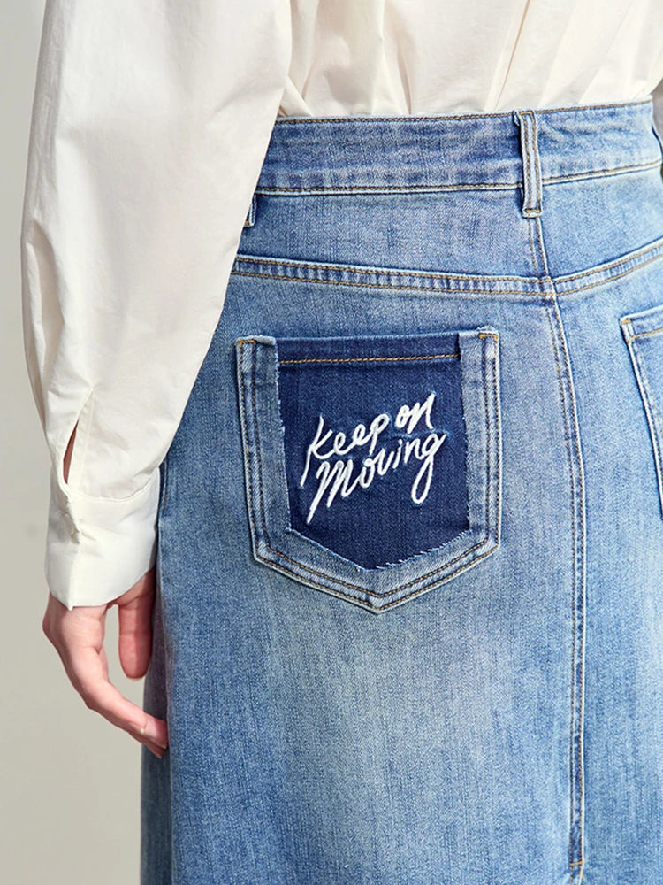 Minimalism 2024 Summer New Casual Denim Style Women Jeans Skirts Letters Embroidery Open Fork Female A-line Skirt 12442282