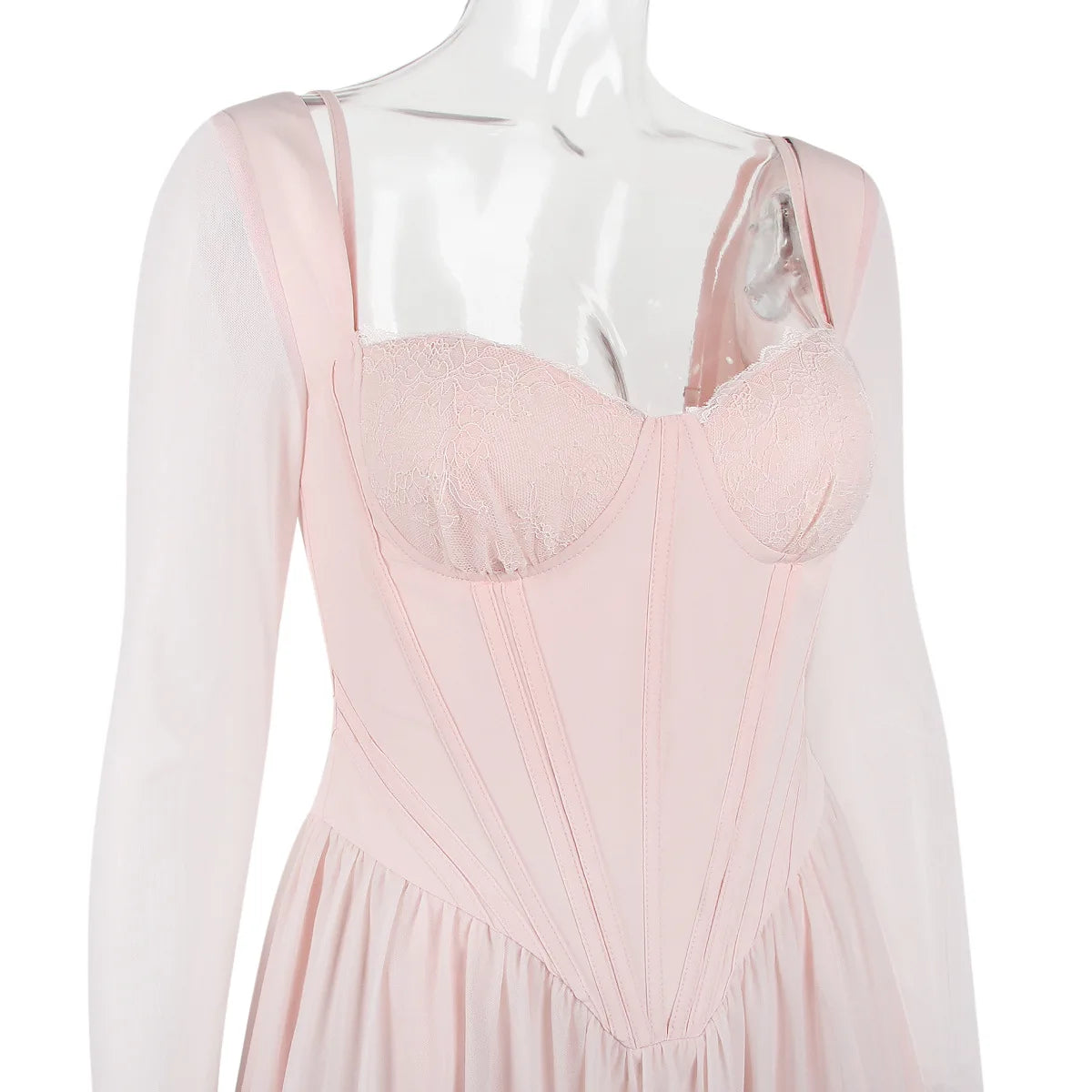 Lace Mesh Backless Sexy Mini Dress For Women Zipper Fishbone Square Collar Long Sleeve Ruched Club Party Dress New