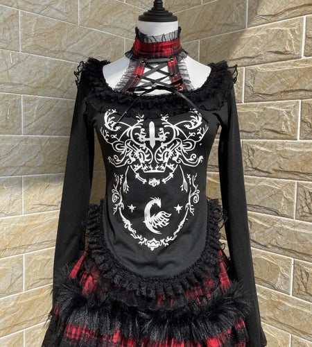 Japanese Gothic Woman Tshirts Y2k Tops Slim Waist Bandage Tees Patchwork Lace Print Long Sleeve Black T Shirt 2024 Ropa Mujer