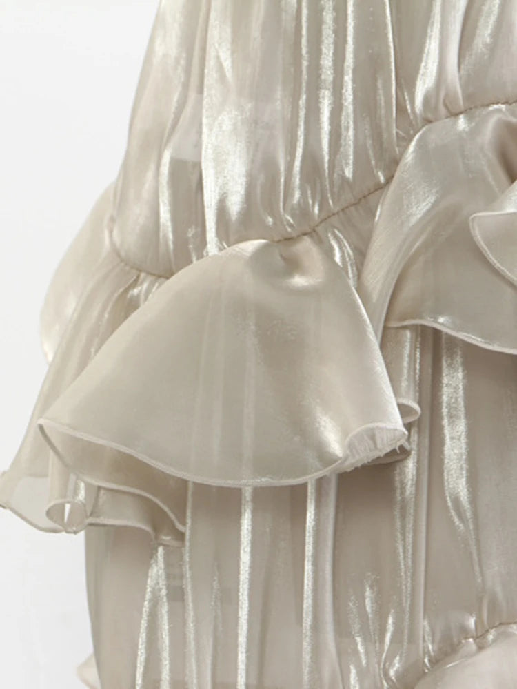 High Elastic Waist Champagne Glossy Ruffles Irregular Half-body Skirt Women Fashion Tide New Spring Autumn 2025 1DJ0349