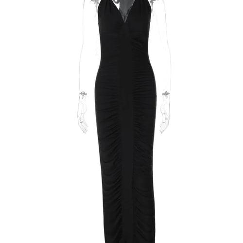Load image into Gallery viewer, Halter Deep V Neck Sexy Maxi Dress For Women Gown Black Sleeveless Backless Bodycon Ruched Club Party Long Dress
