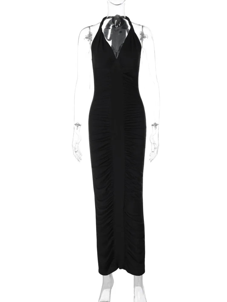 Halter Deep V Neck Sexy Maxi Dress For Women Gown Black Sleeveless Backless Bodycon Ruched Club Party Long Dress