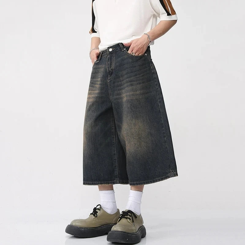 Men's Summer New Jeans Korean Style Loose Wide Leg Flare Denim Pants Male Fashion Washed Cropped Trousers Tide 9A8825