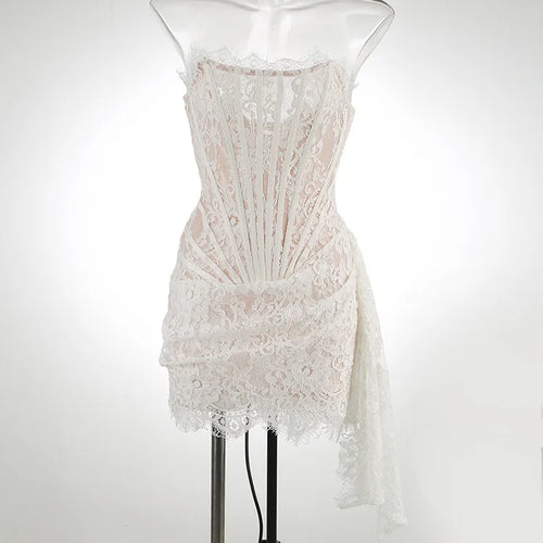 Load image into Gallery viewer, Elegant Lace Strapless Sexy Mini Dress For Women Fashion Off-shoulder Irregular Ruched Bodycon Night Club Party Dress
