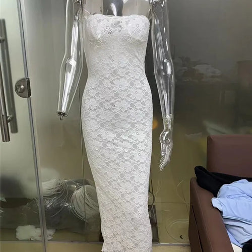 Load image into Gallery viewer, Lace See Through Sexy Midi Dress For Women Fashion Off-shoulder Strapless Sleeveless Backless Bodycon Club Party Dress
