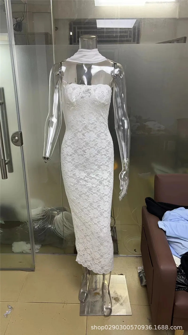 Lace See Through Sexy Midi Dress For Women Fashion Off-shoulder Strapless Sleeveless Backless Bodycon Club Party Dress