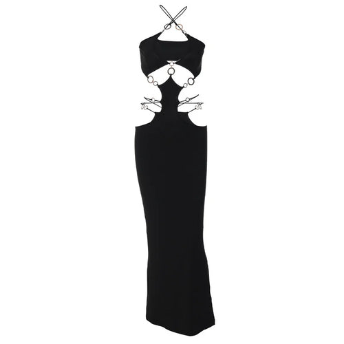 Load image into Gallery viewer, Strapless Metal Ring Cut Out Maxi Dress Women Black Halter Low Cut Backless Hollow Out Bodycon Sexy Party Long Dress

