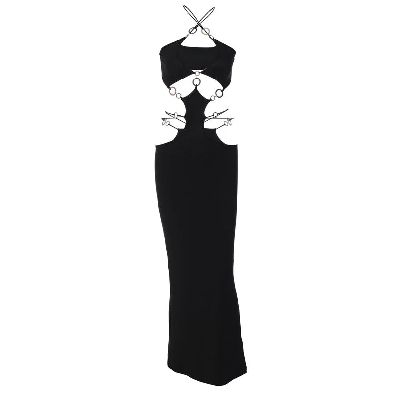 Strapless Metal Ring Cut Out Maxi Dress Women Black Halter Low Cut Backless Hollow Out Bodycon Sexy Party Long Dress