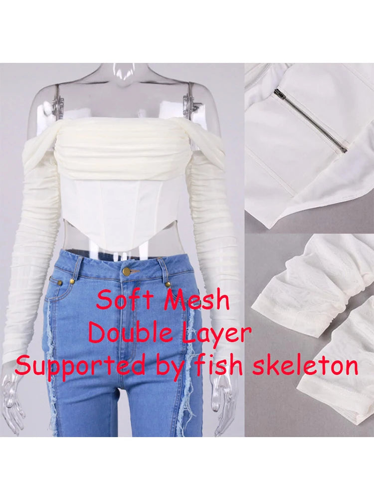 Summer Corset Top Women Y2k Tops Blue Boycon Crop Top Off The Shoulder Sexy Mesh Top Outfits Girl Party Clubwear