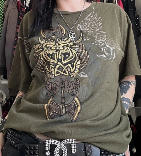 Gothic Punk T Shirt 2000s Women Graphic Print Round Neck Short Sleeve Tees Grungecore Clothing Cyber y2k Top Streetwear