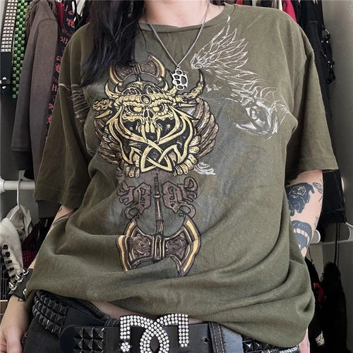 Load image into Gallery viewer, Gothic Punk T Shirt 2000s Women Graphic Print Round Neck Short Sleeve Tees Grungecore Clothing Cyber y2k Top Streetwear
