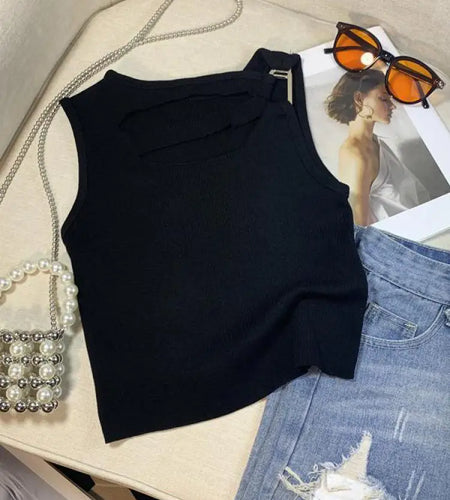 Women Fashion White Sleeveless Elegant Knit Short Vest Summer Black Sexy Club Hollow Out Tops Popular Vestidos Casual Streetwear