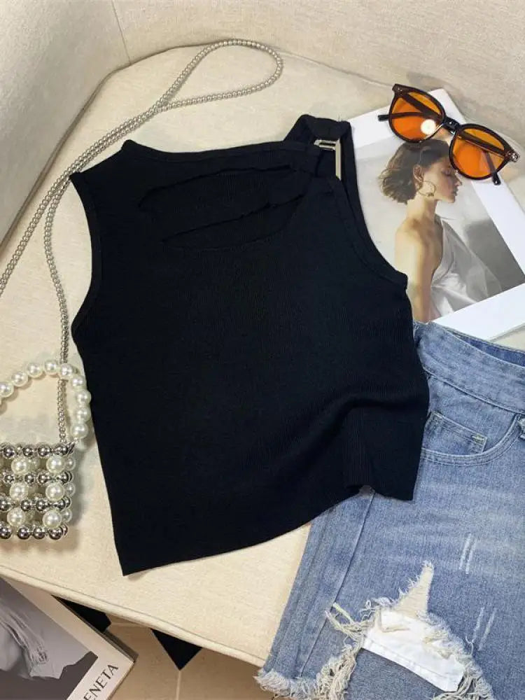 Women Fashion White Sleeveless Elegant Knit Short Vest Summer Black Sexy Club Hollow Out Tops Popular Vestidos Casual Streetwear