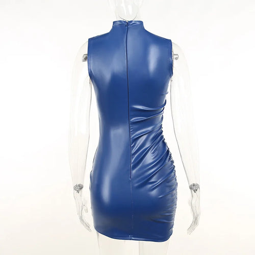 Load image into Gallery viewer, Winter New Sleeveless PU Leather Mini Dress For Women Robe Turtleneck Bodycon Ruched Sexy Short Dress Vestido
