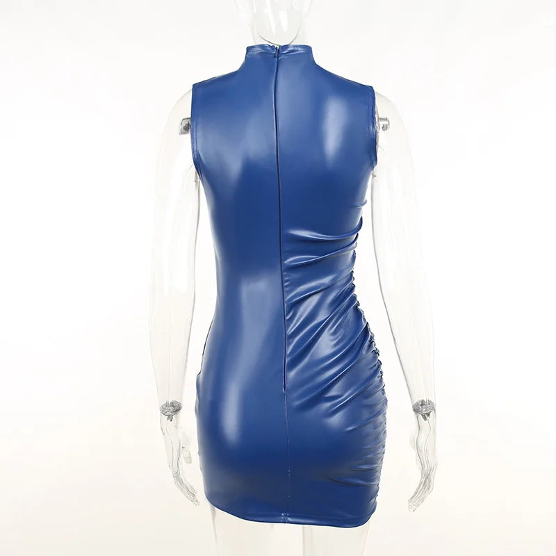 Winter New Sleeveless PU Leather Mini Dress For Women Robe Turtleneck Bodycon Ruched Sexy Short Dress Vestido